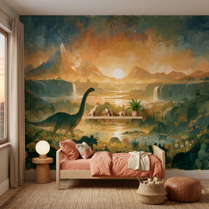 A child's bedroom with a watercolor mural of a prehistoric landscape featuring mountains, waterfalls, a sunset, and dinosaurs, with a light wood bed and small shelf with dinosaur figures.