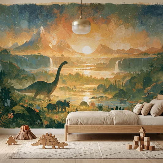 A child's bedroom with a watercolor mural of a prehistoric landscape with a large brontosaurus, smaller dinosaurs, mountains, and waterfalls, with a light wood bed and wooden toys.