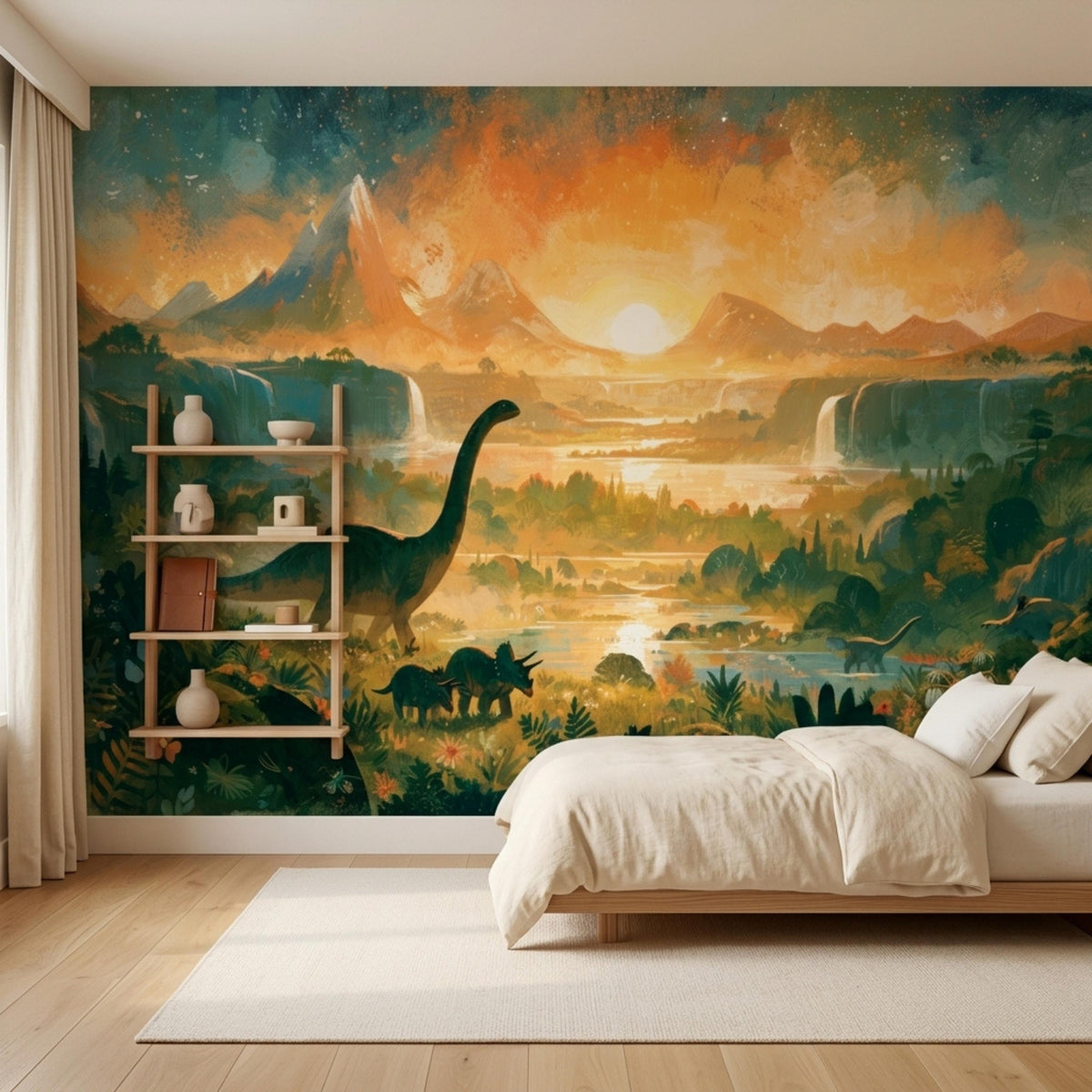 A bedroom with a watercolor mural of a prehistoric landscape with a brontosaurus, mountains, and waterfalls, with a white bed and a tall wooden shelf with books and plants.