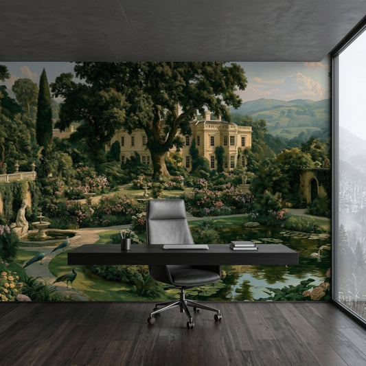 A home office setting with the English garden wall mural behind a dark modern desk, leather office chair, and a laptop.