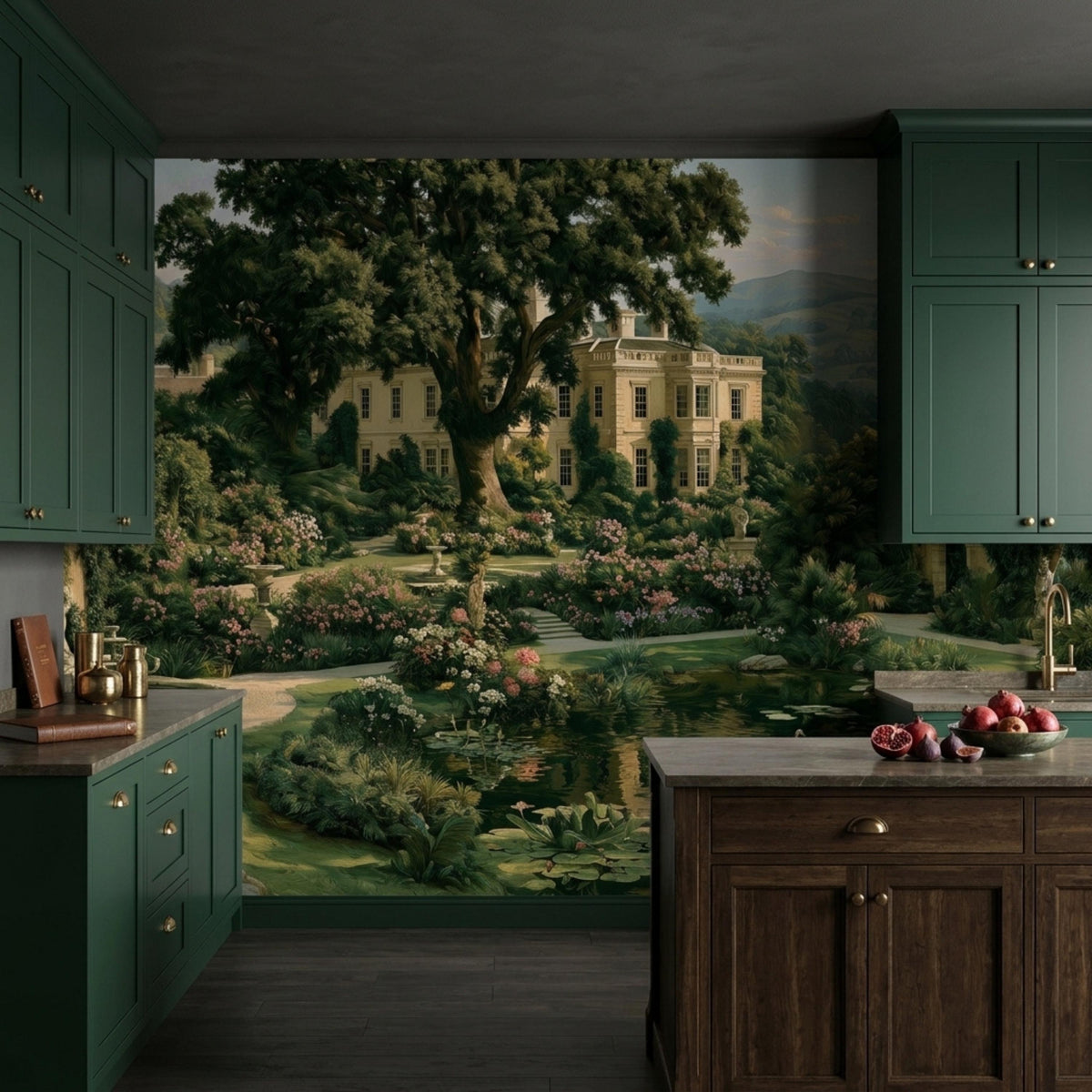 A kitchen scene with green cabinetry and marble countertops alongside the vintage estate landscape wall mural.