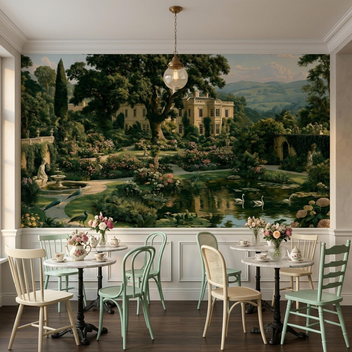 A dining room setup with multiple chairs around small tables, set against the detailed vintage English garden mural.