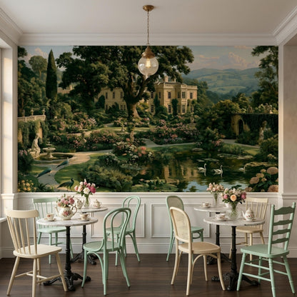 A dining room setup with multiple chairs around small tables, set against the detailed vintage English garden mural.