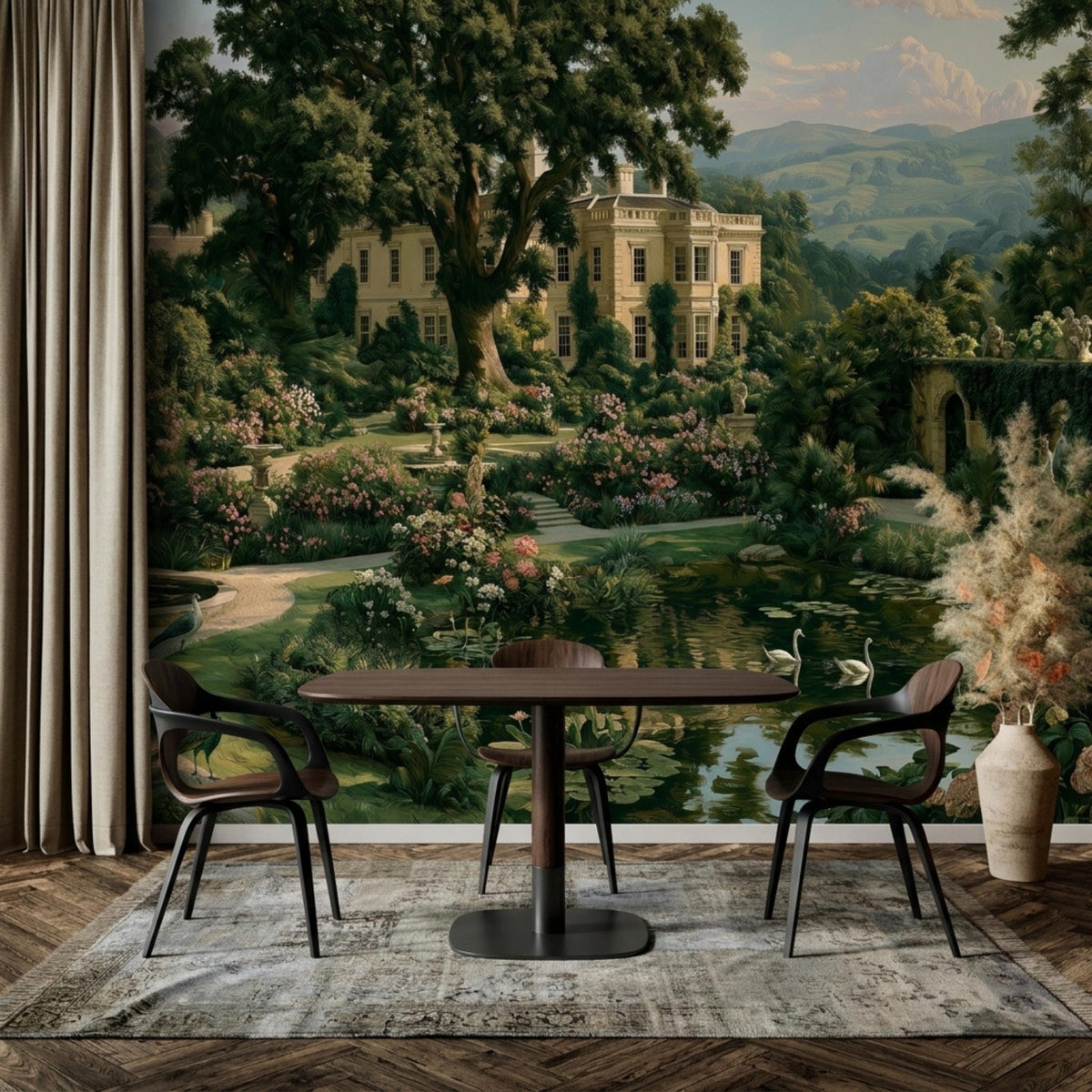 A dining table and chairs centered against the scenic landscape wall mural, with a vase of flowers and a curtained window to the left.