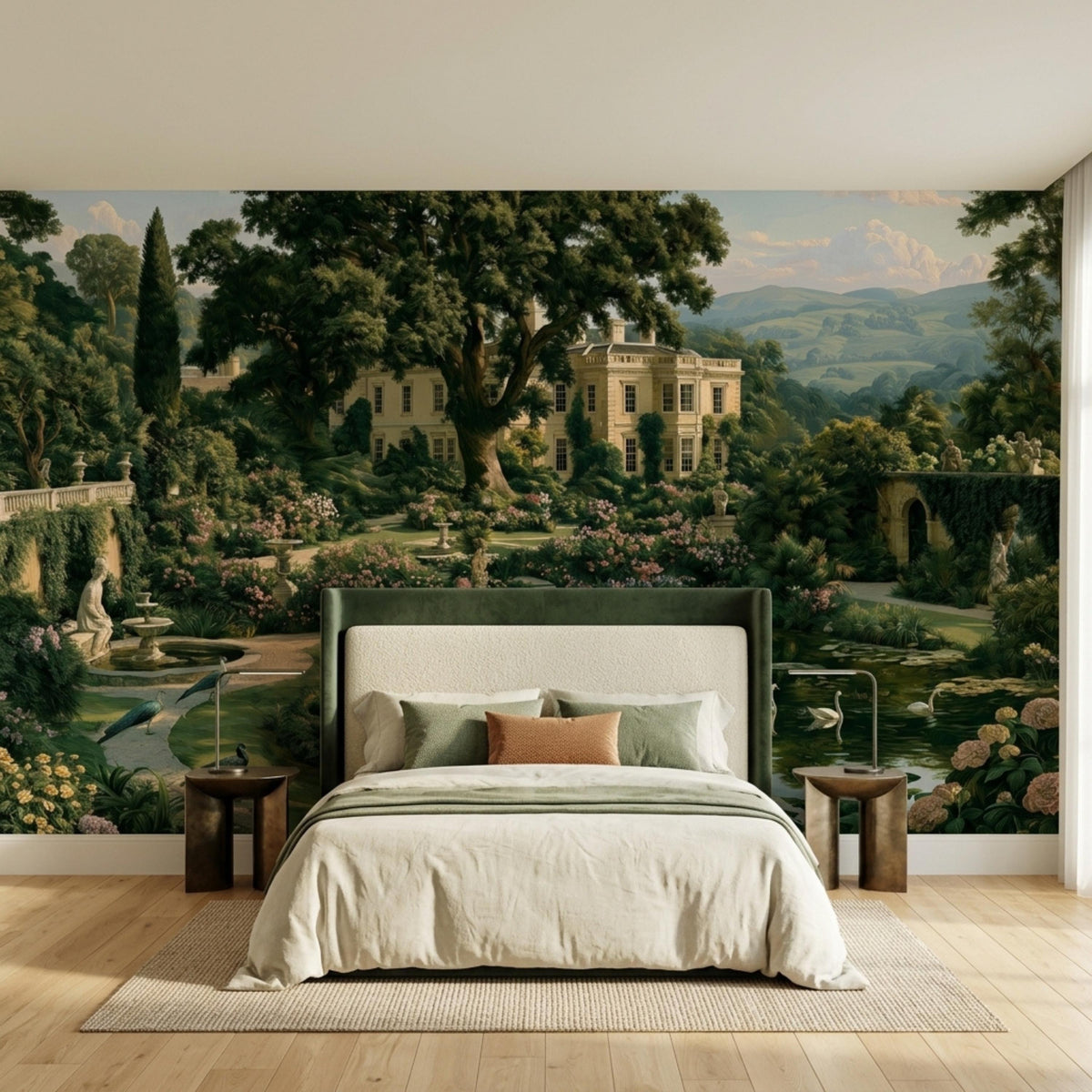 A bedroom featuring a queen bed with a green and white upholstered headboard set against the estate garden wall mural.