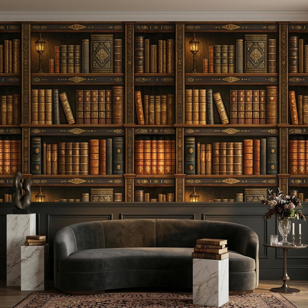 A living room interior features dark academia bookshelf wallpaper behind a dark grey tufted sofa, marble side tables, and a floral arrangement.