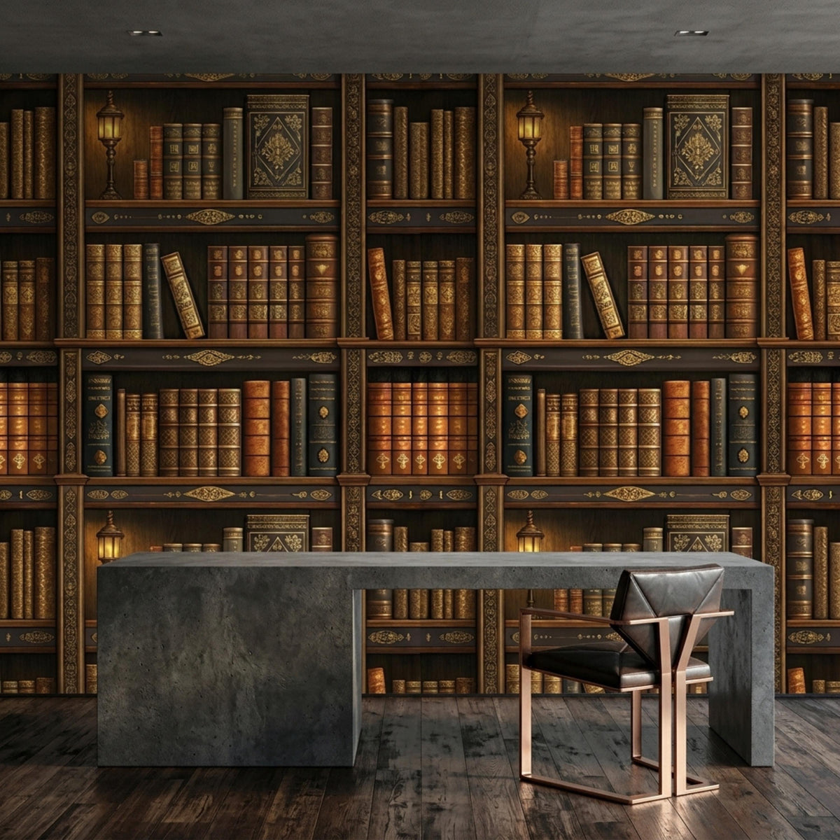 A minimalist study features bookshelf wallpaper, a concrete desk, and a leather chair on dark wood floors.