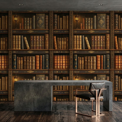 A minimalist study features bookshelf wallpaper, a concrete desk, and a leather chair on dark wood floors.