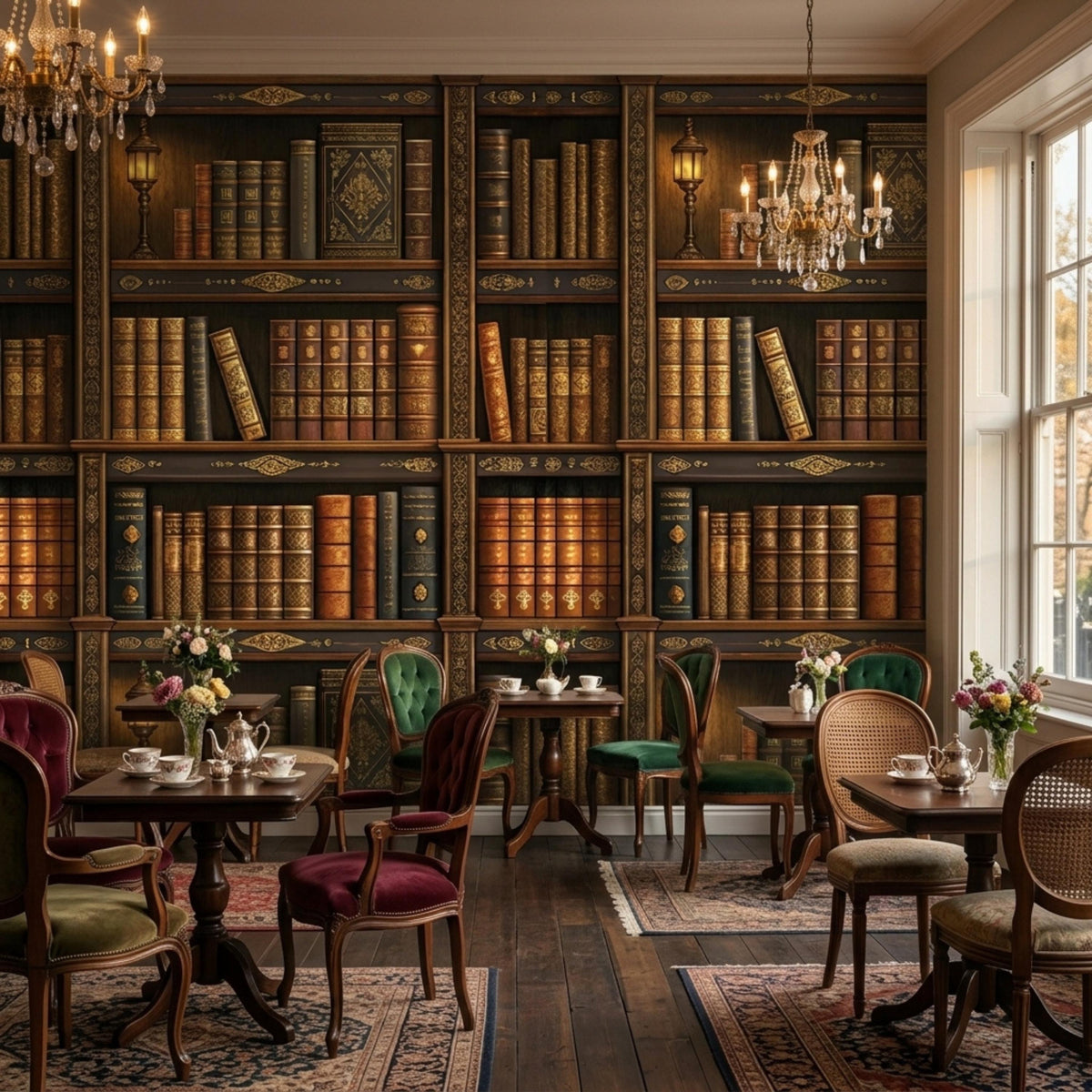 A cozy room features bookshelf wallpaper, multiple seating areas with various chairs and tables, a large window, and rugs on the floor.