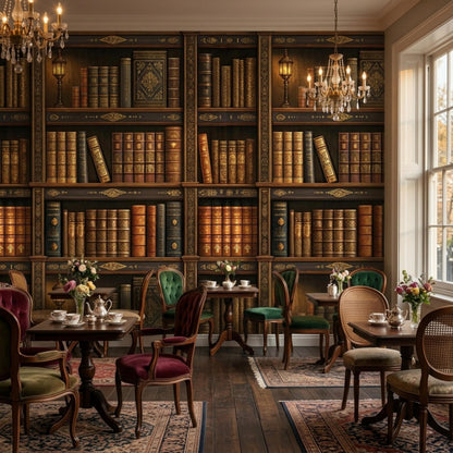 A cozy room features bookshelf wallpaper, multiple seating areas with various chairs and tables, a large window, and rugs on the floor.