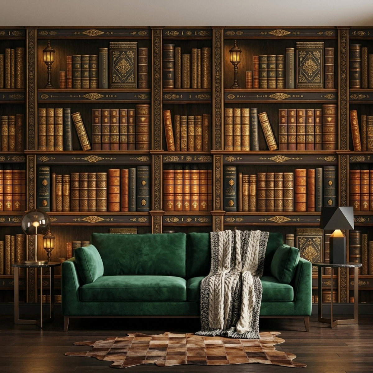 A living room features bookshelf wallpaper, a green velvet sofa with a draped knit throw blanket, side tables with lamps, and a patterned rug.