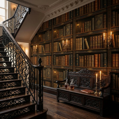 An interior space displays a wooden staircase with black iron railings beside bookshelf wallpaper and a dark wooden bench with decanters.