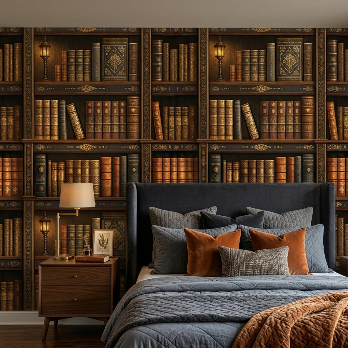 A bedroom features bookshelf wallpaper behind a bed with grey and rust-orange pillows and a quilted blanket.