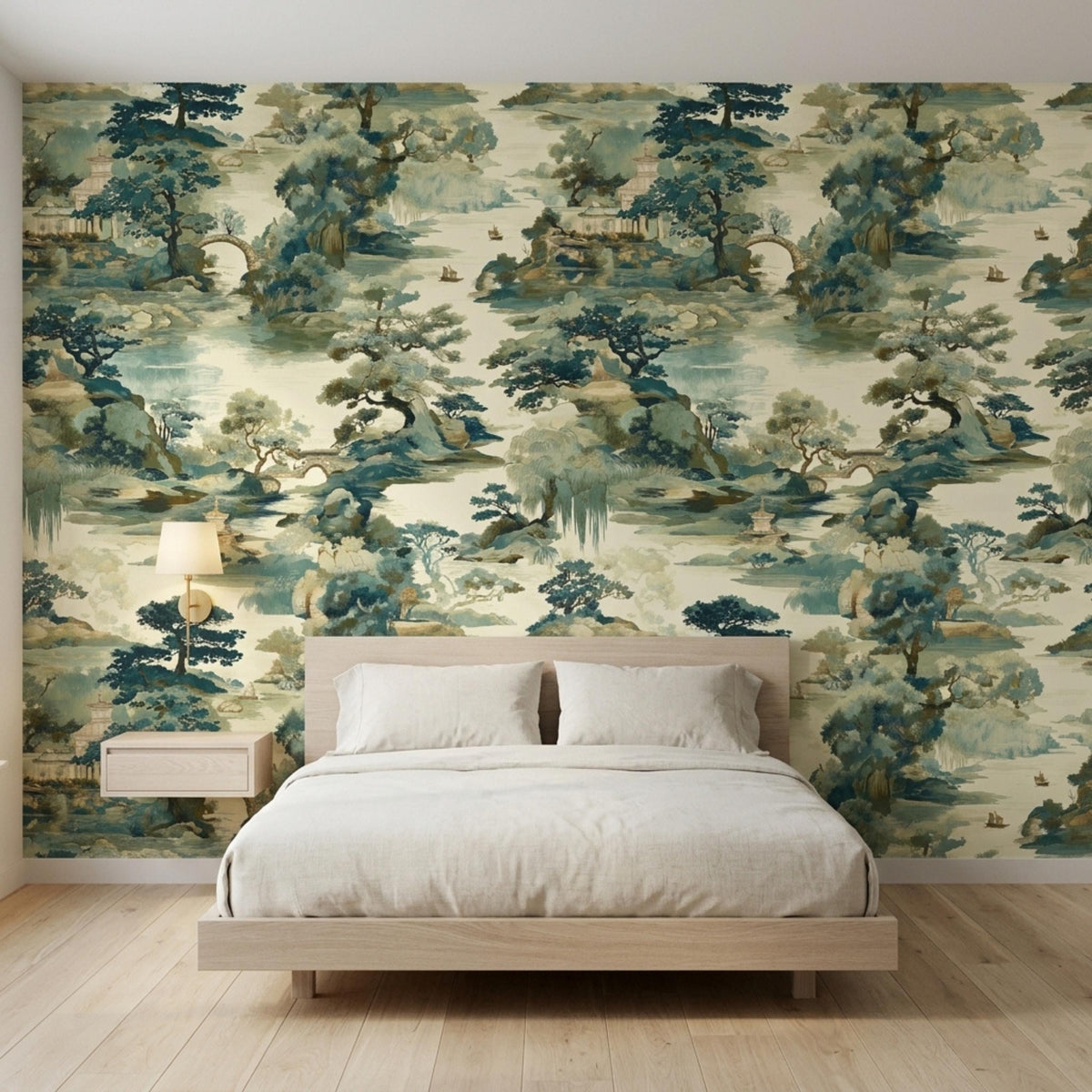 A bedroom features Chinoiserie landscape wallpaper behind a wooden bed frame with two pillows and a lit wall sconce.