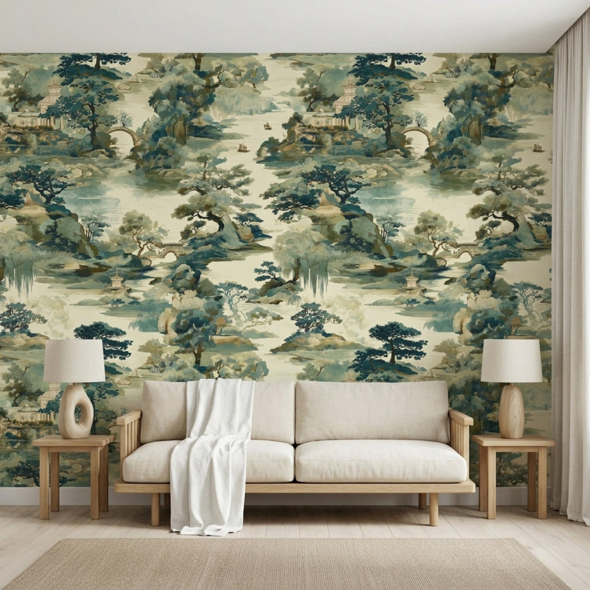 A light beige sofa with a white throw blanket stands against a Chinoiserie landscape wallpaper with matching side tables and lamps.