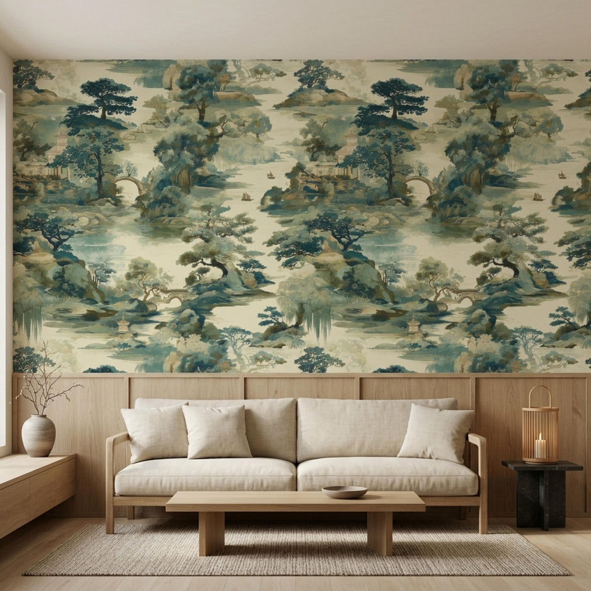 A beige sofa with throw pillows sits in front of wood wainscoting and Chinoiserie landscape wallpaper.