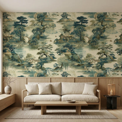 A beige sofa with throw pillows sits in front of wood wainscoting and Chinoiserie landscape wallpaper.