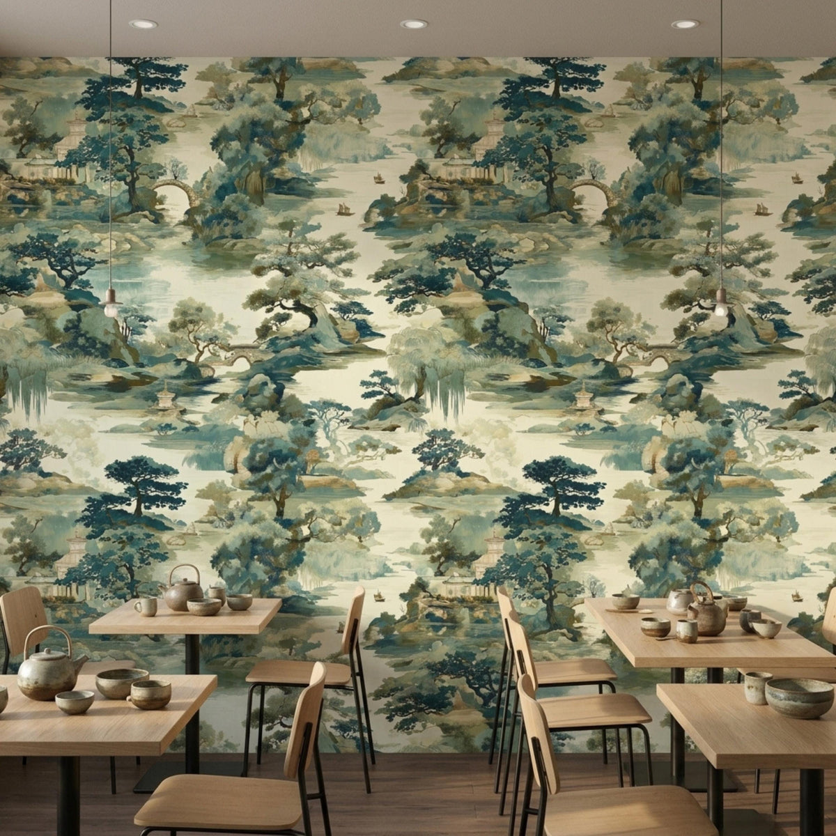 Several restaurant tables with teapots and chairs are arranged in front of a wall with Chinoiserie landscape wallpaper.