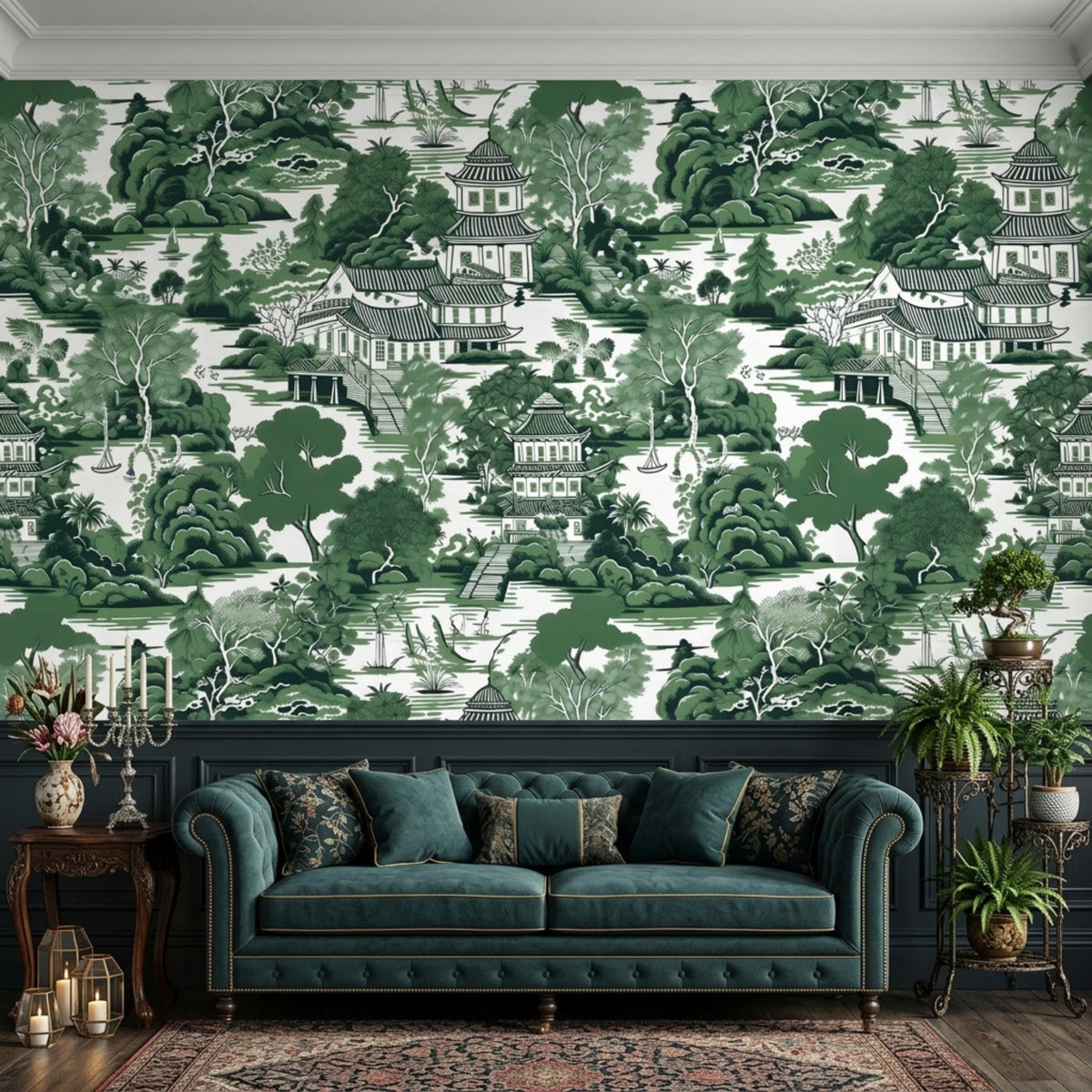 A living room features a green chinoiserie pagoda landscape wallpaper wall mural behind a dark teal tufted sofa.