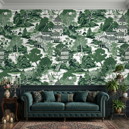 A living room features a green chinoiserie pagoda landscape wallpaper wall mural behind a dark teal tufted sofa.