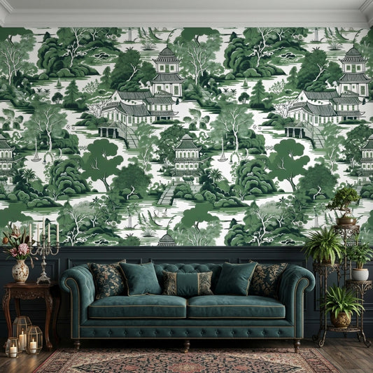 A living room features a green chinoiserie pagoda landscape wallpaper wall mural behind a dark teal tufted sofa.