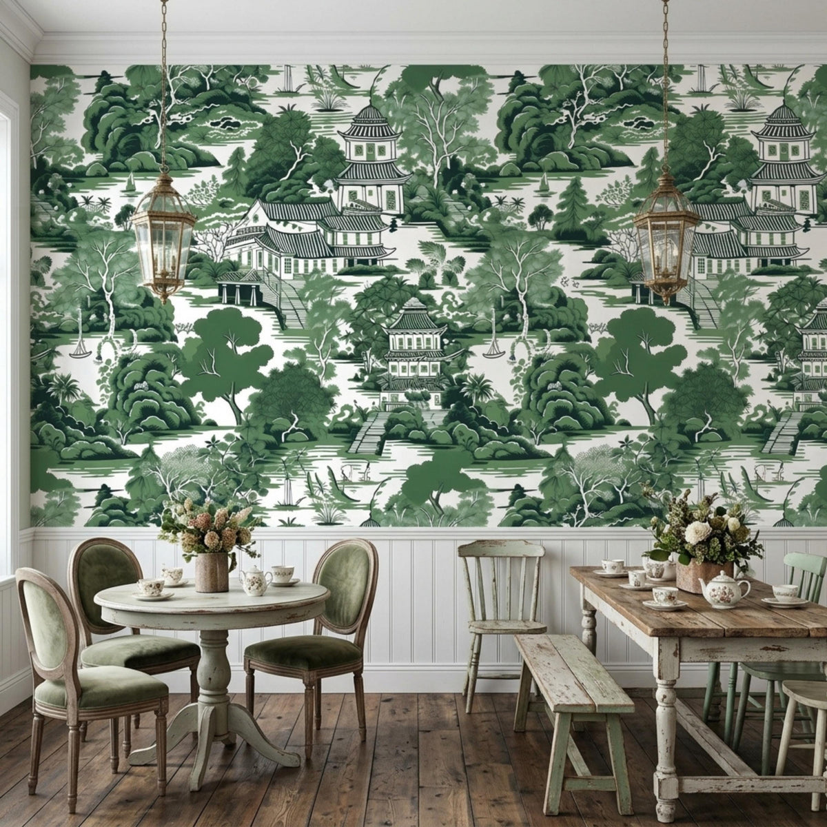 A dining room features green chinoiserie pagoda landscape wallpaper, a round wooden table, and a rectangular wooden table.