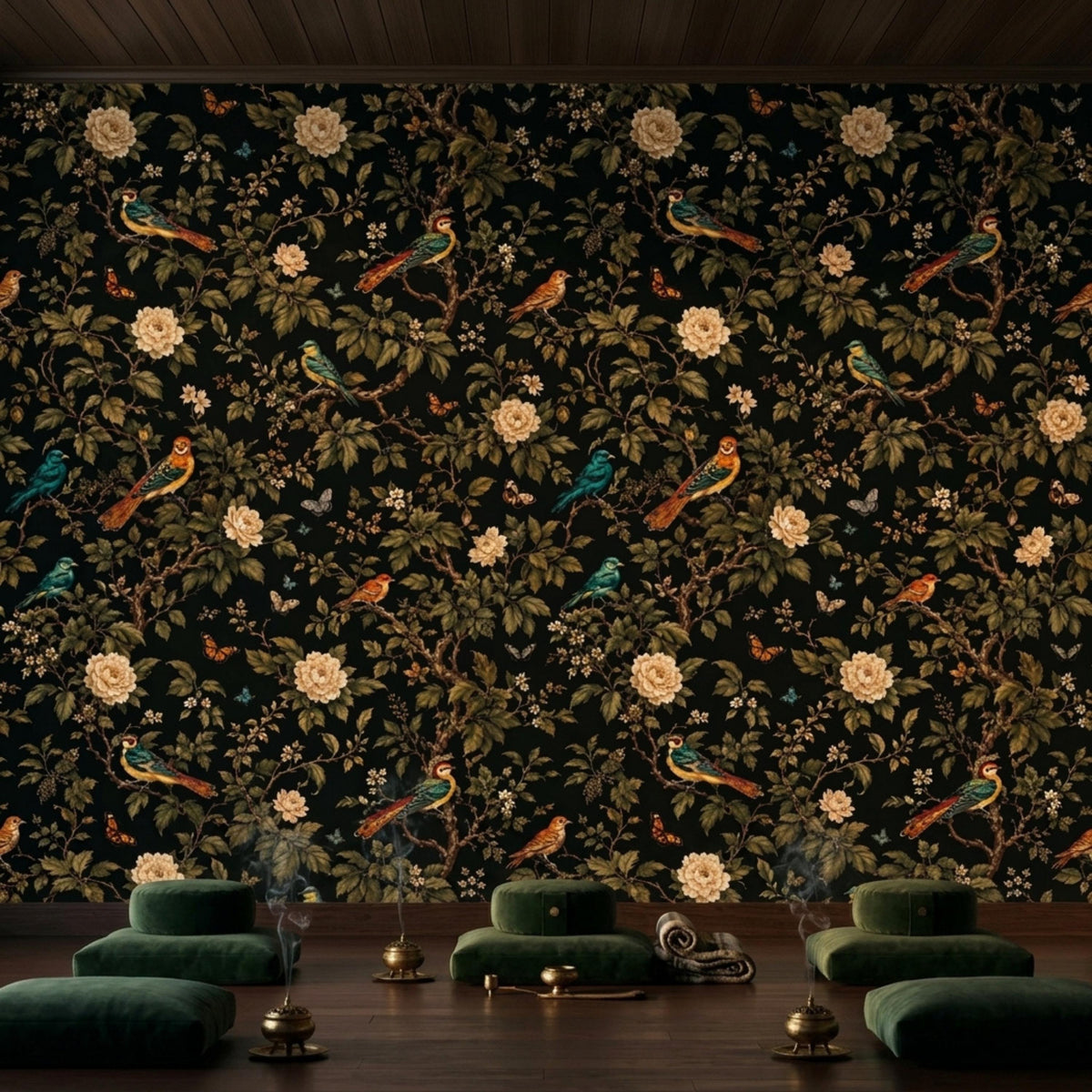 A meditation space with dark floral wallpaper features green floor cushions arranged in rows and brass singing bowls.