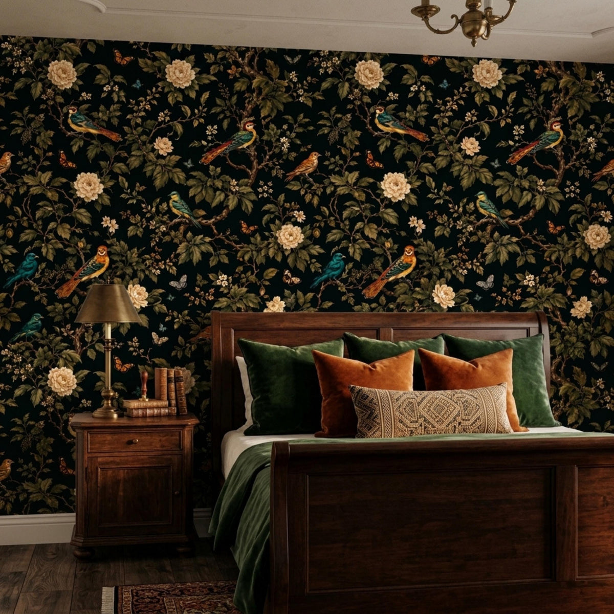 A moody bedroom features a dark wooden bed with green, orange, and patterned pillows against dark floral wallpaper and a matching nightstand with a lamp.