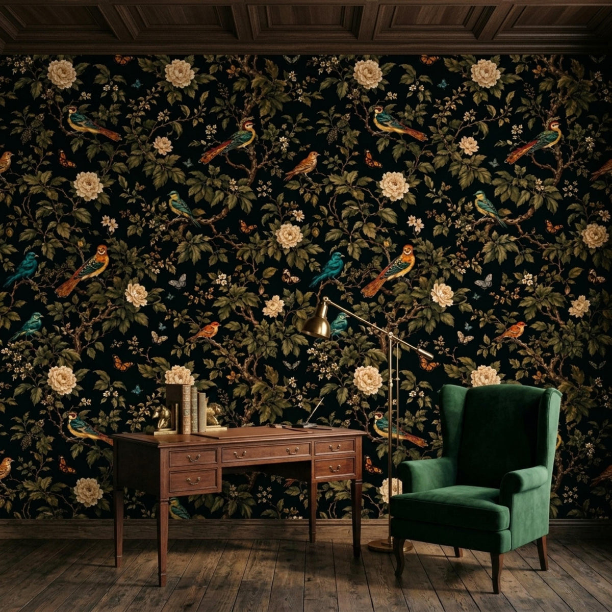 A dark wooden desk and a green velvet armchair are set against a dark floral wallpaper wall in a paneled room.