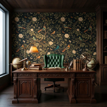 A luxurious study features a dark floral wallpaper accent wall, a carved wooden desk with a green leather chair, and nautical globes.