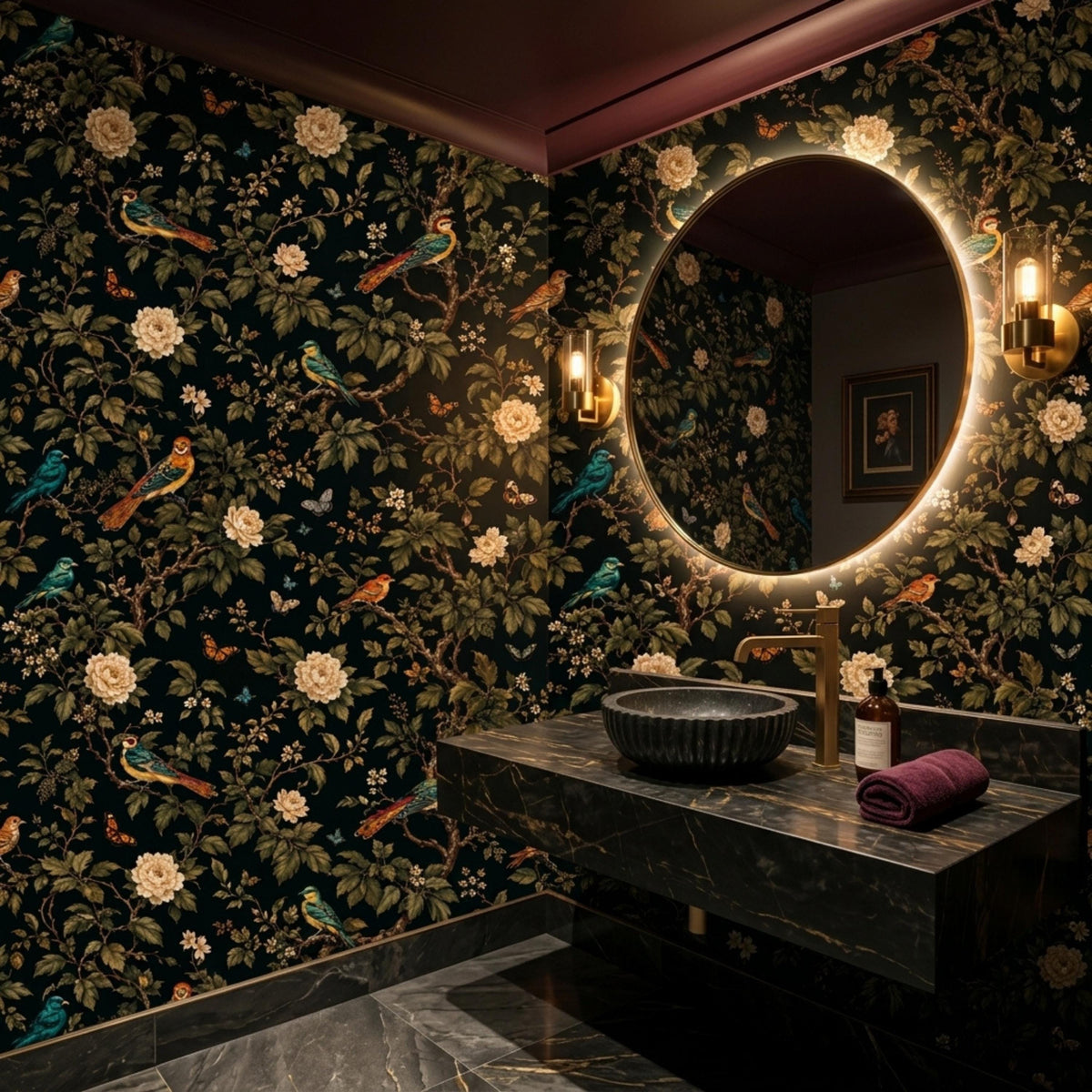 A modern bathroom features dark marble countertops, a bowl sink, gold fixtures, a lit circular mirror, and dark floral wallpaper.