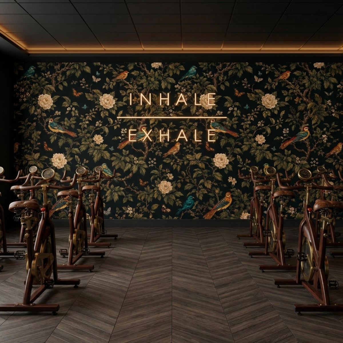 A fitness room with dark floral wallpaper features rows of stationary exercise bikes and a neon sign that reads inhale exhale.