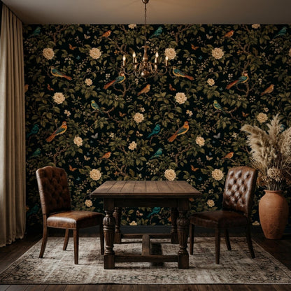A dining table with two brown leather chairs sits on a patterned rug against a dark floral wallpaper backdrop.