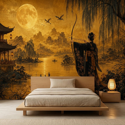 A bedroom features a golden Asian landscape wall mural behind a wooden platform bed with two hanging lanterns and a bedside lamp.