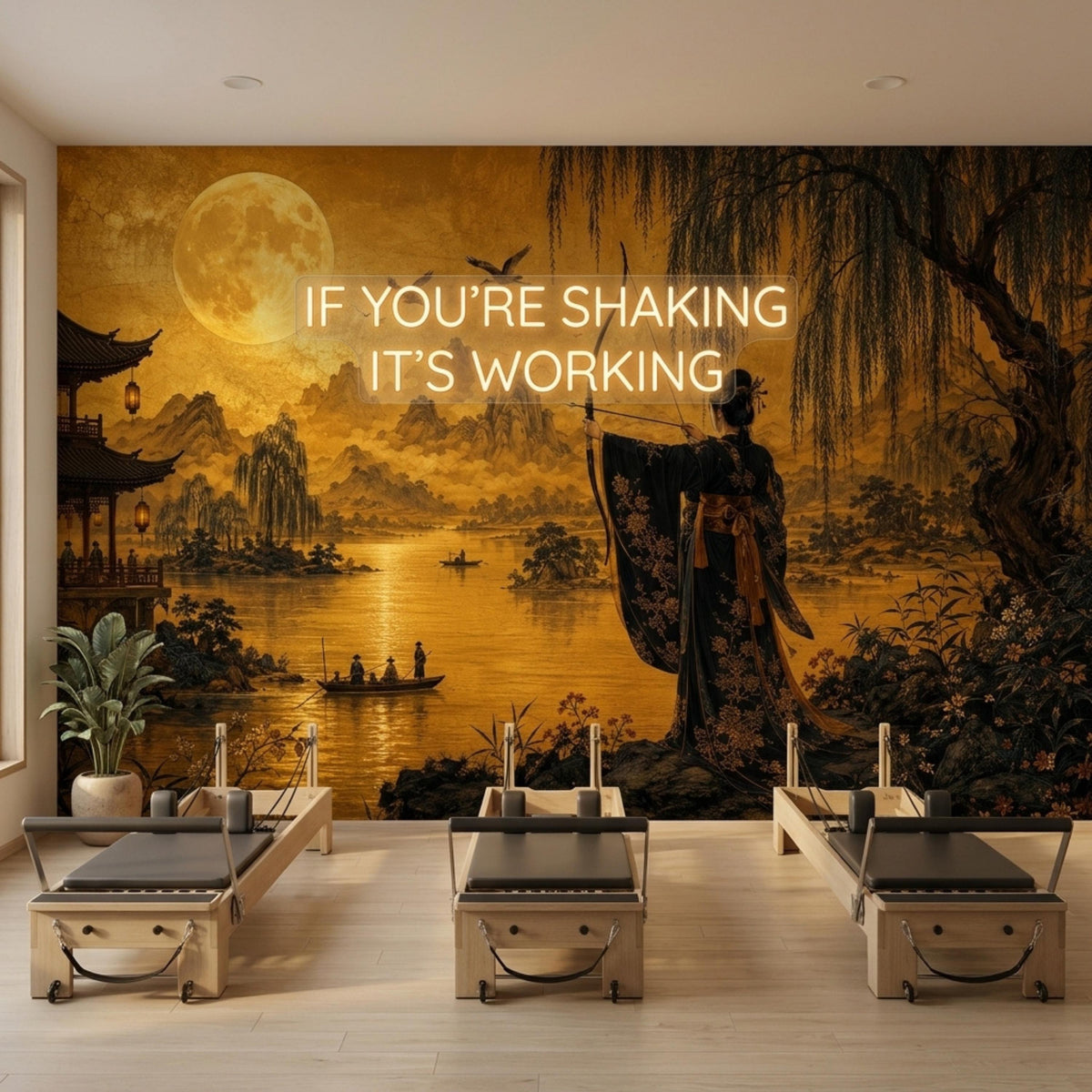 A room with Pilates reformers and a wall mural depicting a golden Japanese landscape with a giant moon and archer.