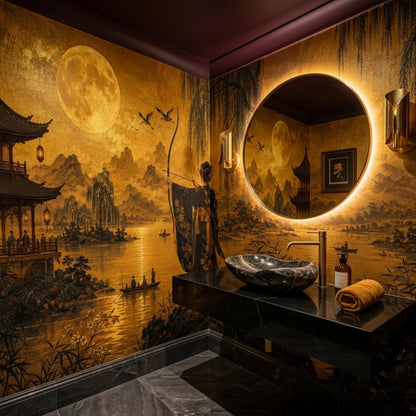 A bathroom showcases a dark marble vanity with a vessel sink and lit round mirror against a golden Japanese mural wall.