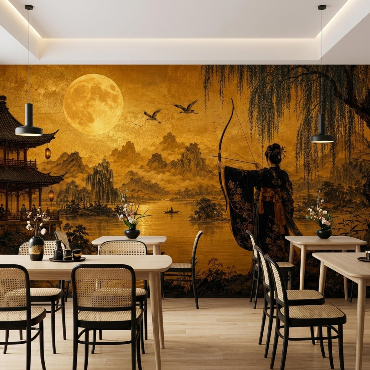 A restaurant dining area has tables and chairs set against a large golden Japanese landscape wall mural.
