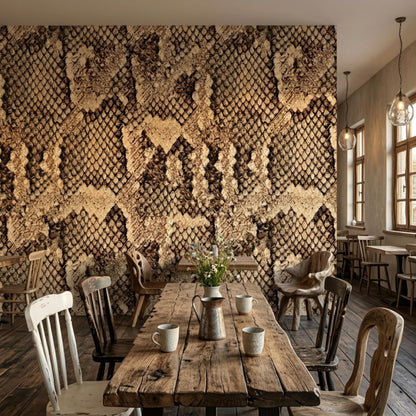 A rustic wooden dining table surrounded by various chairs is set against a brown snake skin textured accent wall.