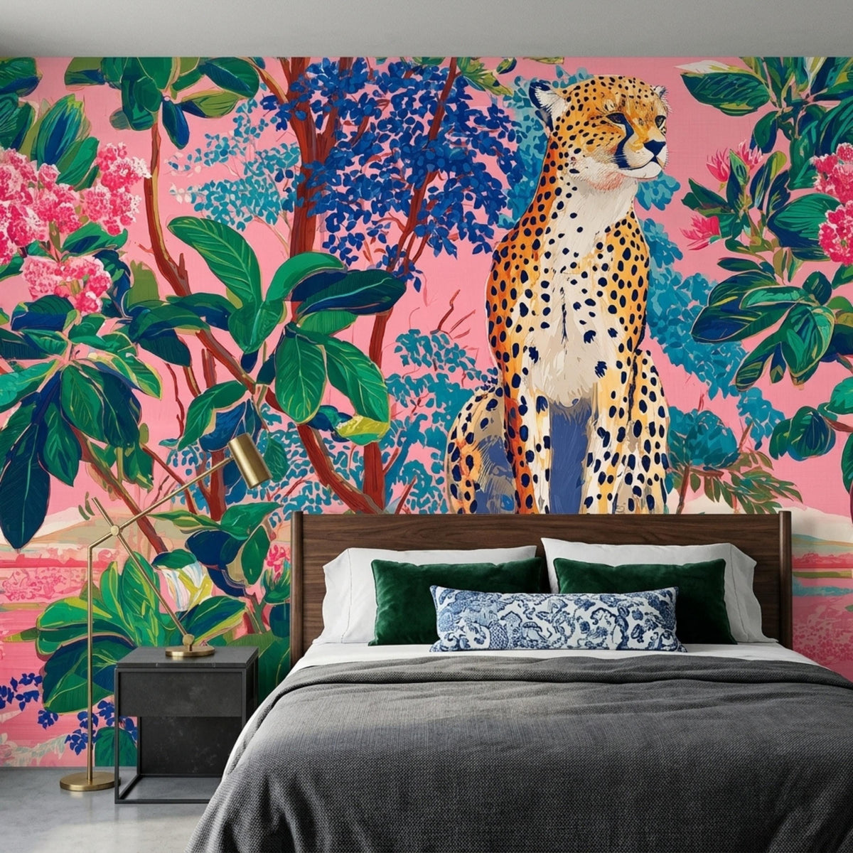A bedroom features a leopard jungle wallpaper mural with a pink background, a wooden headboard, and a grey duvet.
