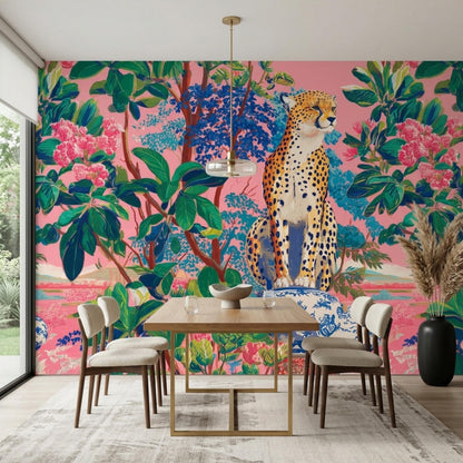 A dining room showcases a vibrant leopard and jungle mural on the wall, a wooden table, and cream-colored chairs.