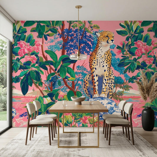 A dining room showcases a vibrant leopard and jungle mural on the wall, a wooden table, and cream-colored chairs.