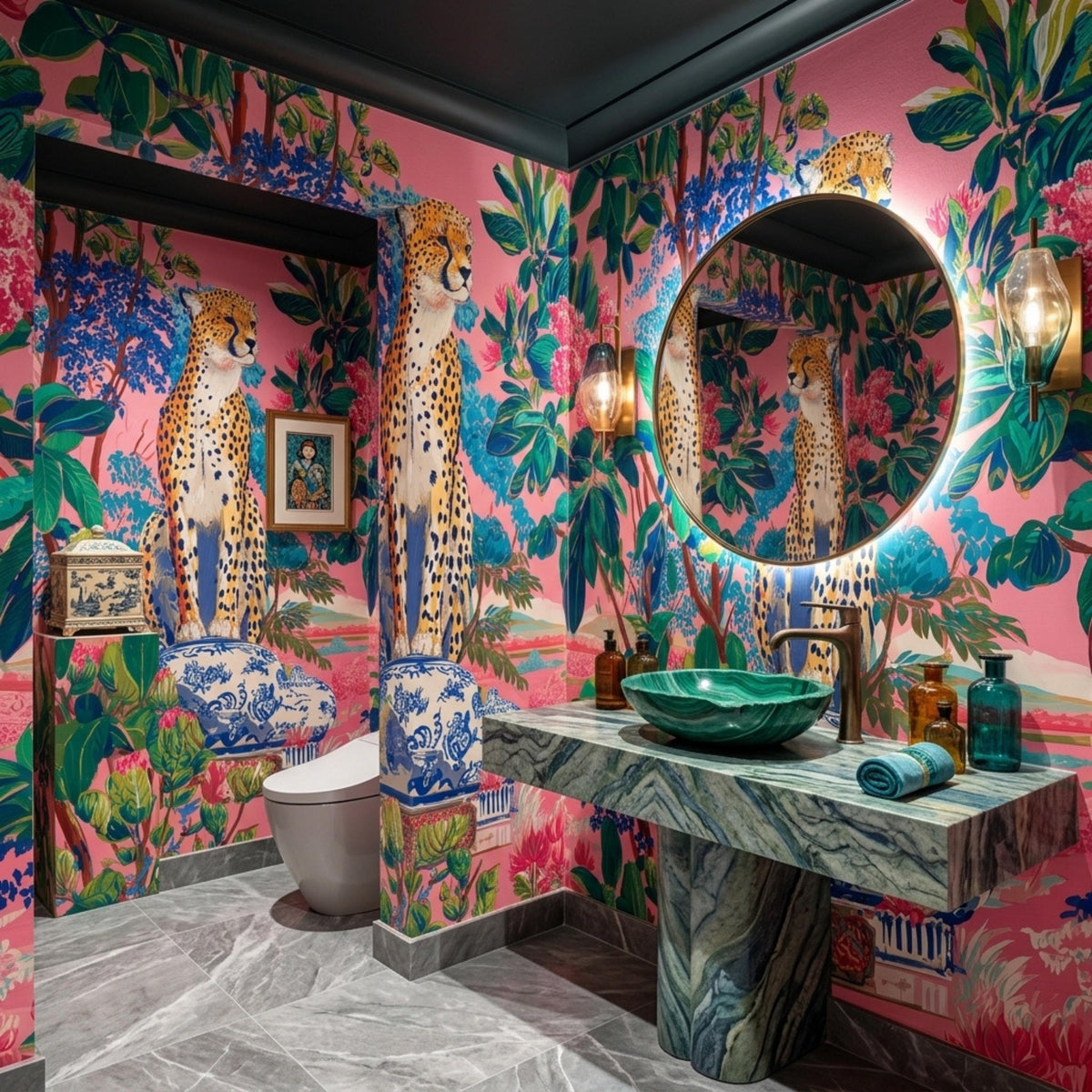 A powder room features pink leopard jungle wallpaper, a round illuminated mirror, a green stone sink, and a toilet.