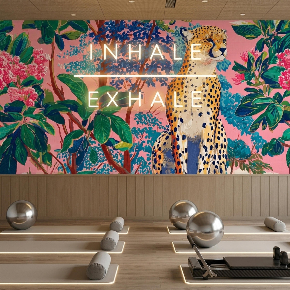 A gym setting features a row of exercise bikes in front of a pink leopard jungle wallpaper mural with glowing text.