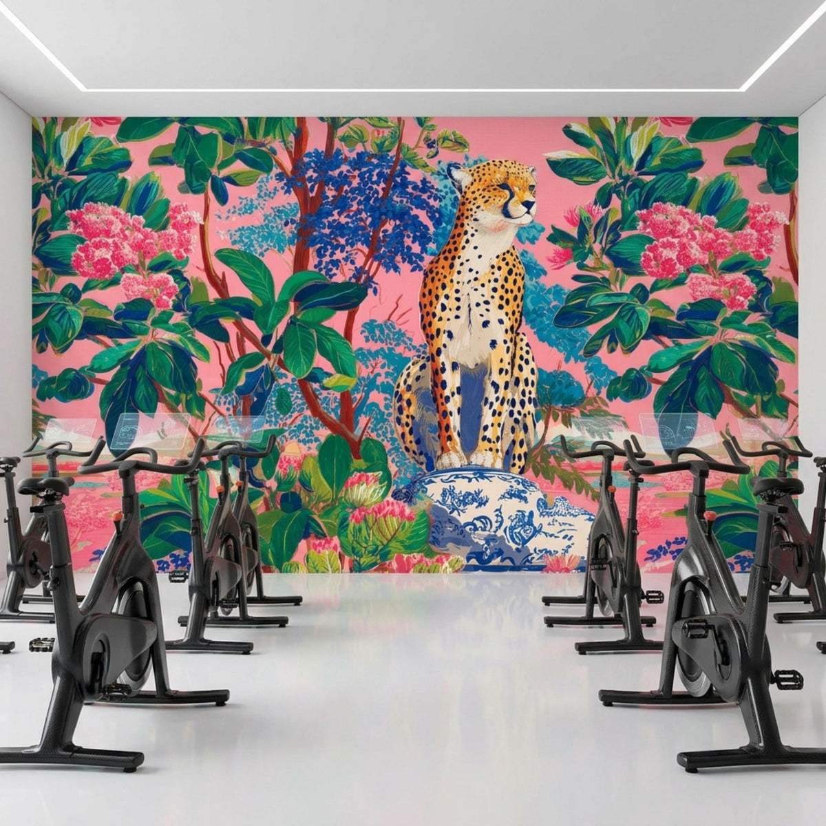 A fitness space displays four stationary bikes in a row with a pink leopard jungle mural covering the back wall.