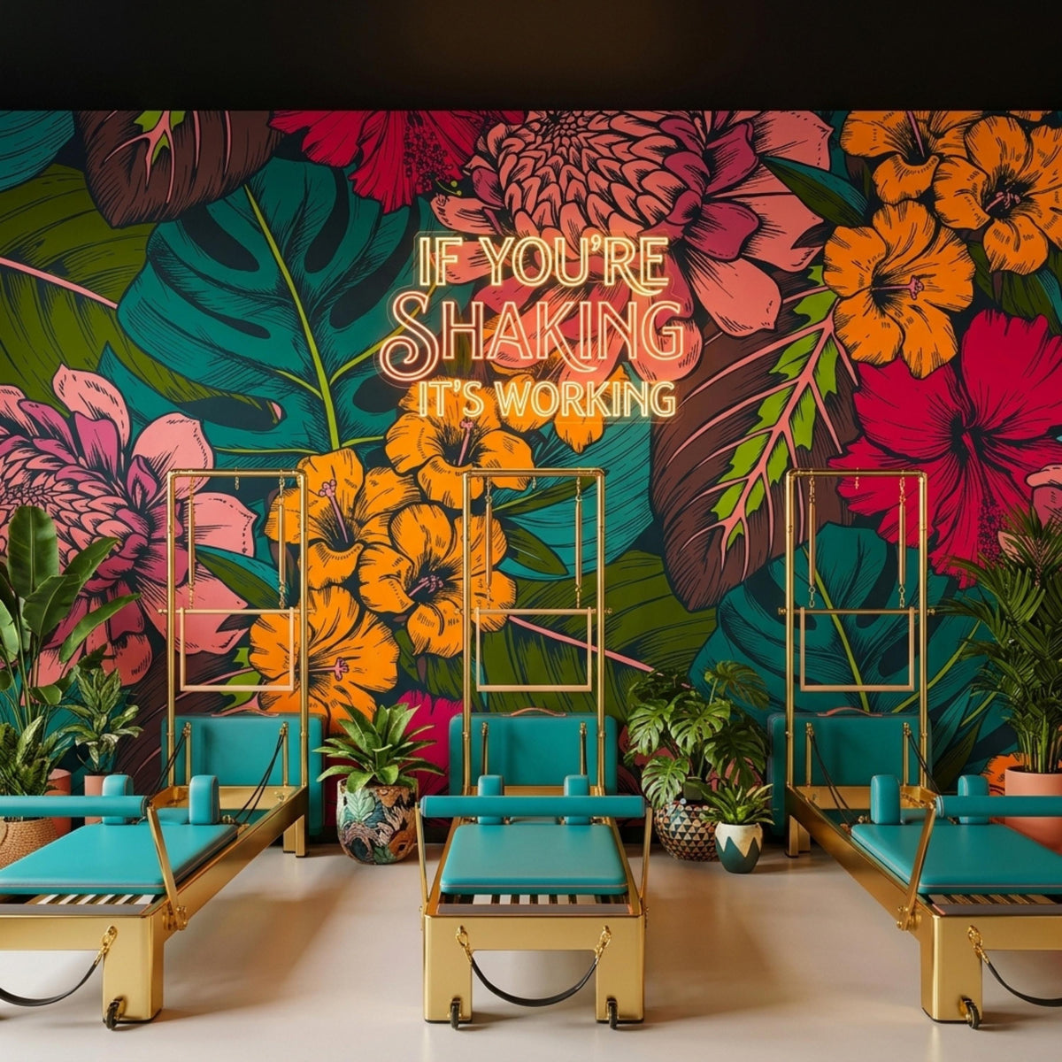 A pilates studio with gold and teal reformers sits in front of a dark tropical floral wall mural with neon text.