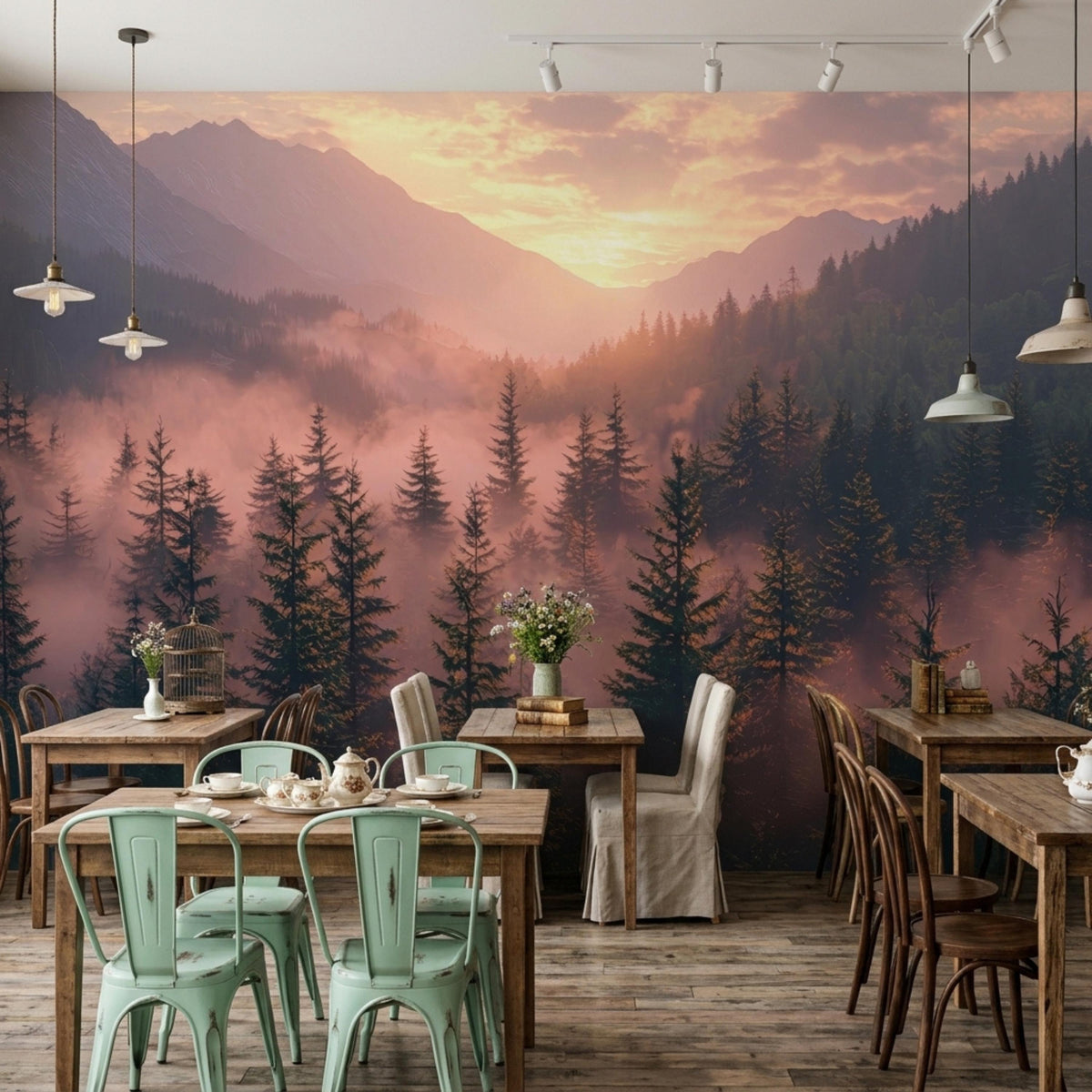 A restaurant dining room with wooden tables and chairs set against a large wall mural of a foggy mountain landscape with pine trees.