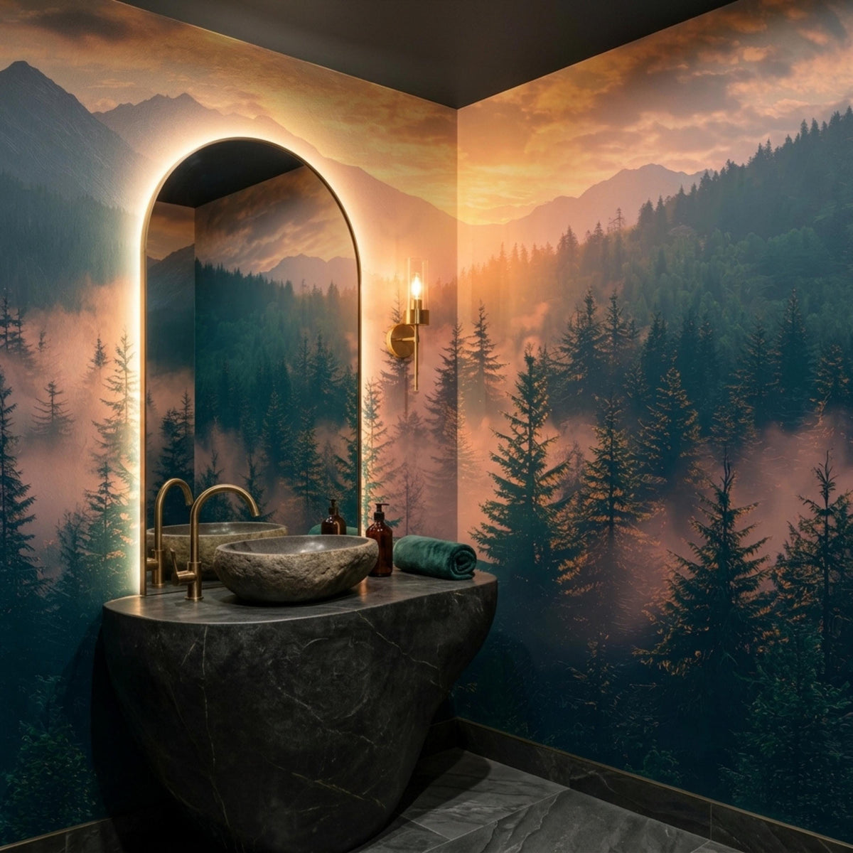 A powder room featuring a black stone sink, an arched backlit mirror, and dark walls covered in a misty mountain and pine forest mural.