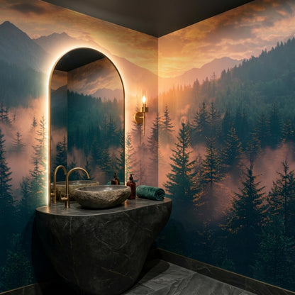 A powder room featuring a black stone sink, an arched backlit mirror, and dark walls covered in a misty mountain and pine forest mural.