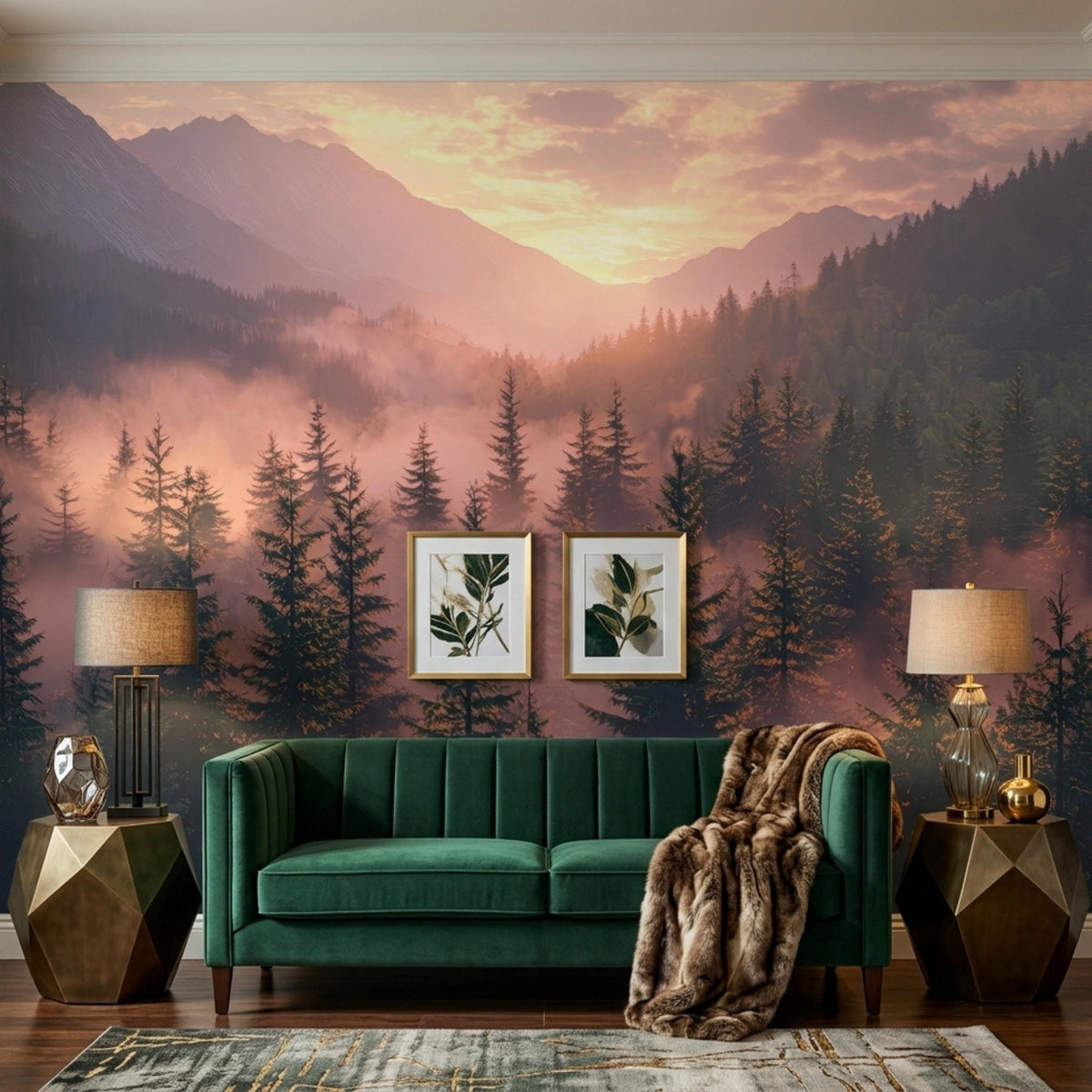 A living room with a green velvet sofa, patterned accent pillows, a furry throw blanket, and gold geometric side tables against a misty mountain mural.