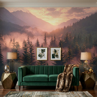 A living room with a green velvet sofa, patterned accent pillows, a furry throw blanket, and gold geometric side tables against a misty mountain mural.